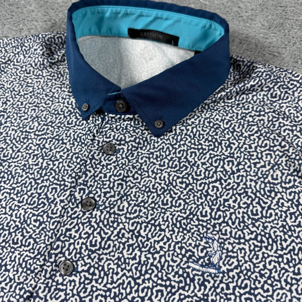 Greyson Pinehurst Golf Polo Shirt Mens Large Blue White Abstract Print Performan